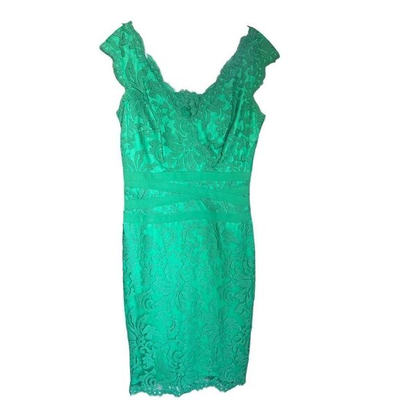 Tadashi Shoji Green V Neck Lace Cocktail Knee length Dress 8 short sleeve Date - Picture 6 of 11